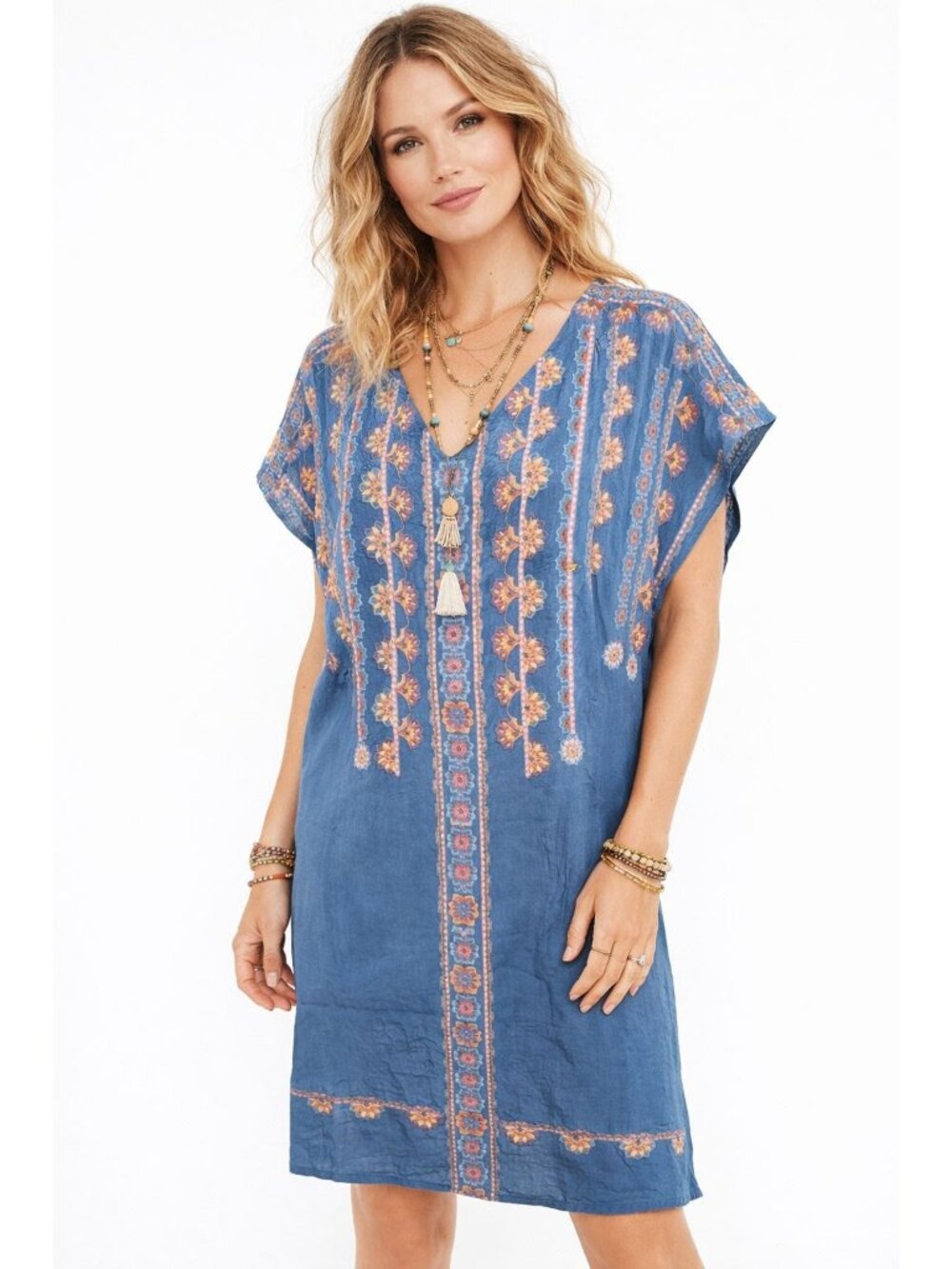Sundance 100% Silk Blue Boho Indie Floral Embroidered Midi Dress V-Neck Women M